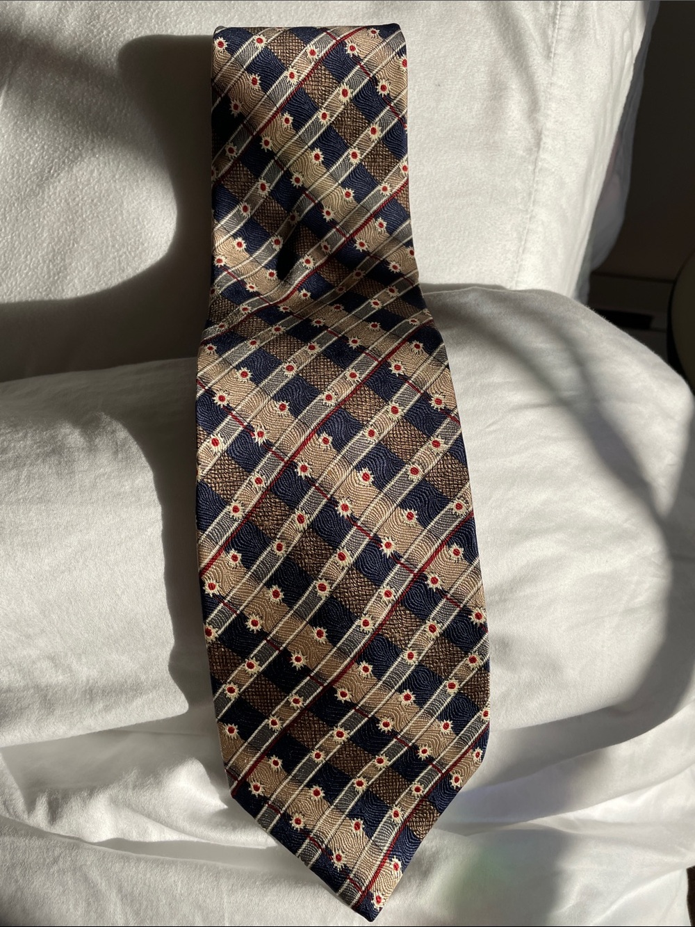 Structure Navy and gold 100* silk  Geometric Silk Tie with Red Accents